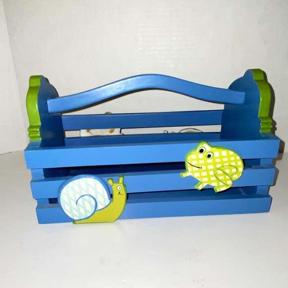 Wooden Basket with Handle Blue and Green Frog and Snail Garden Planters - Picture 1 of 6